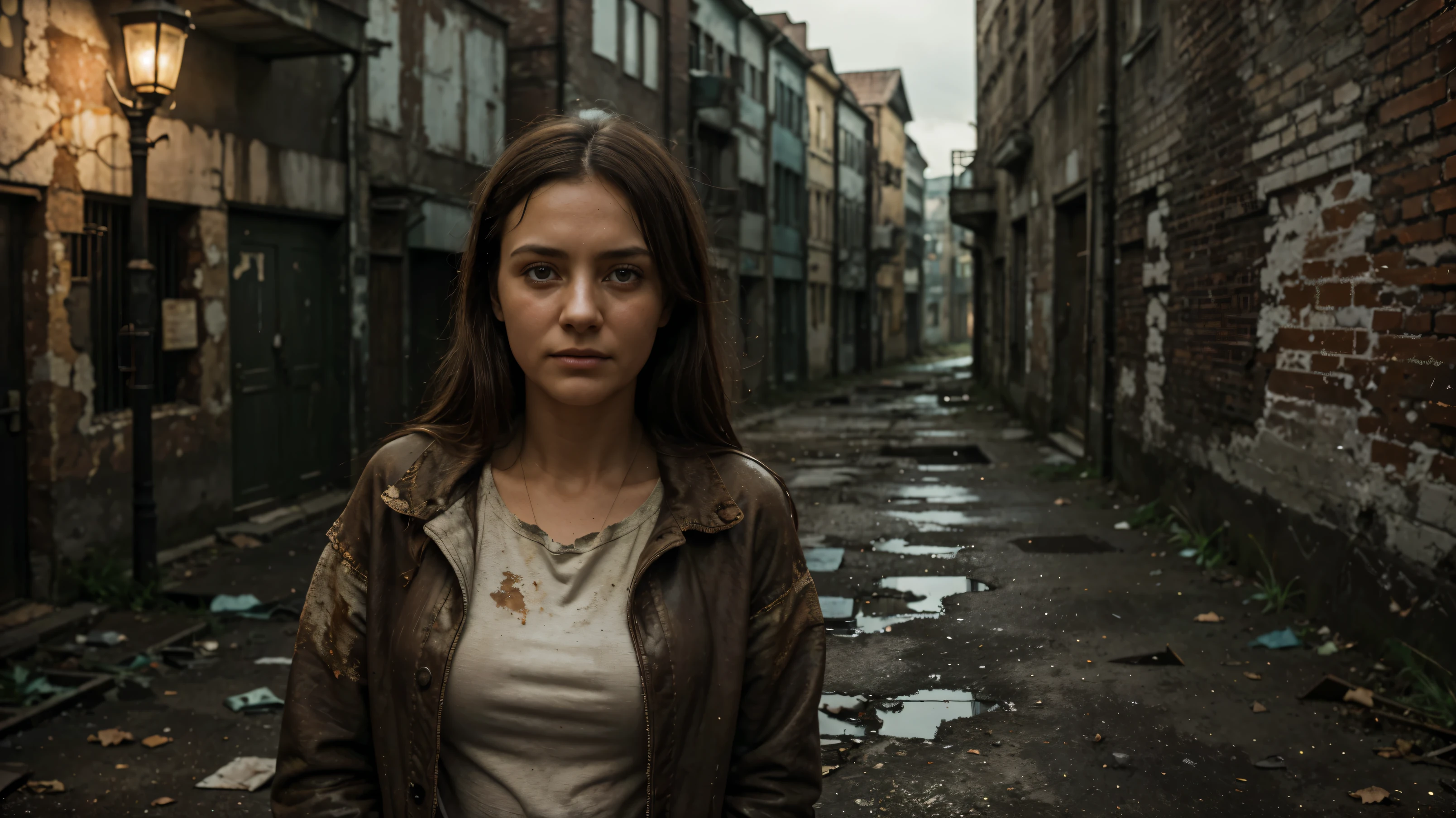 best quality,4k,8k,highres,masterpiece:1.2,ultra-detailed,realistic:1.37,woman,teary-eyed,emotional,crying,sad,despair,lonely,heartbroken,dejected,distressed,upset,soothing atmosphere,soft lighting,dark shadows,soviet style alleyway,rough cobblestone pavement,crumbling walls,rusty street lamps,gritty textures,weathered buildings,peeling paint,faded posters,abandoned atmosphere,eerie silence,heritage architecture,sparse vegetation,sadness in her eyes,cold wind blowing,tattered clothing,void of hope,vivid colors reduced,historical,timeless,vintage aesthetics