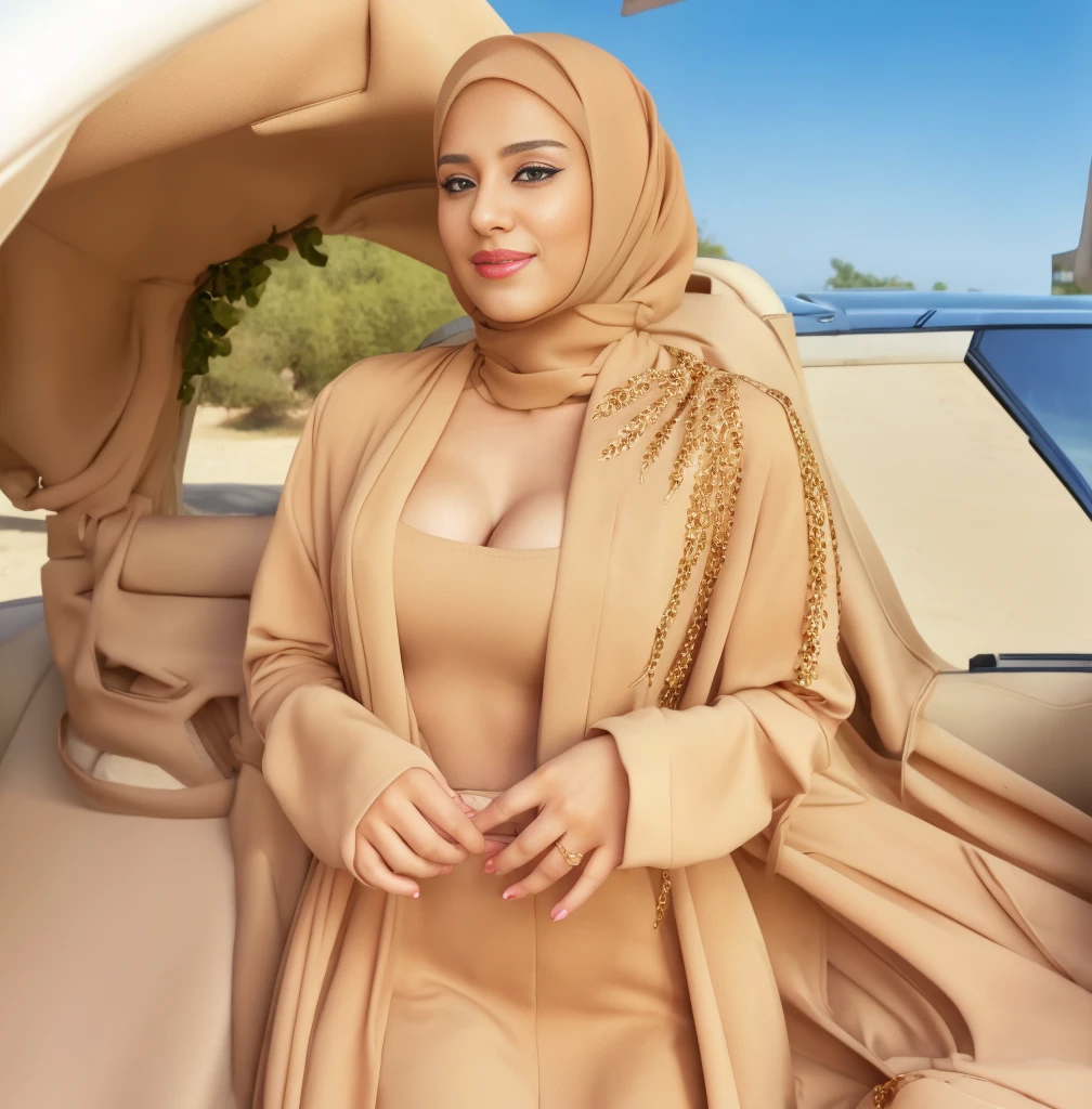 woman in a beige dress standing in front of a car, hijab, arab ameera al-taweel, arab ameera al taweel, wearing an elegant outfit, african ameera al taweel, ameera al-taweel, beautiful arab woman, lovely woman, greek ameera al taweel, modest flowing gown, actress, royal dress, big boob(bra line)