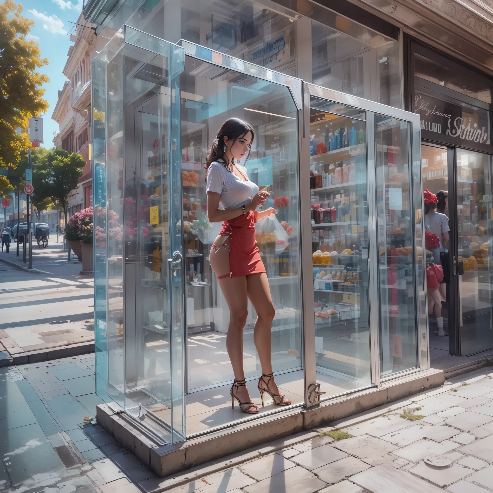 Puerta de cristal de una tienda,(transparente),tienda de alimentacion,chica apollando el sexy tracero en el cristal transparente,