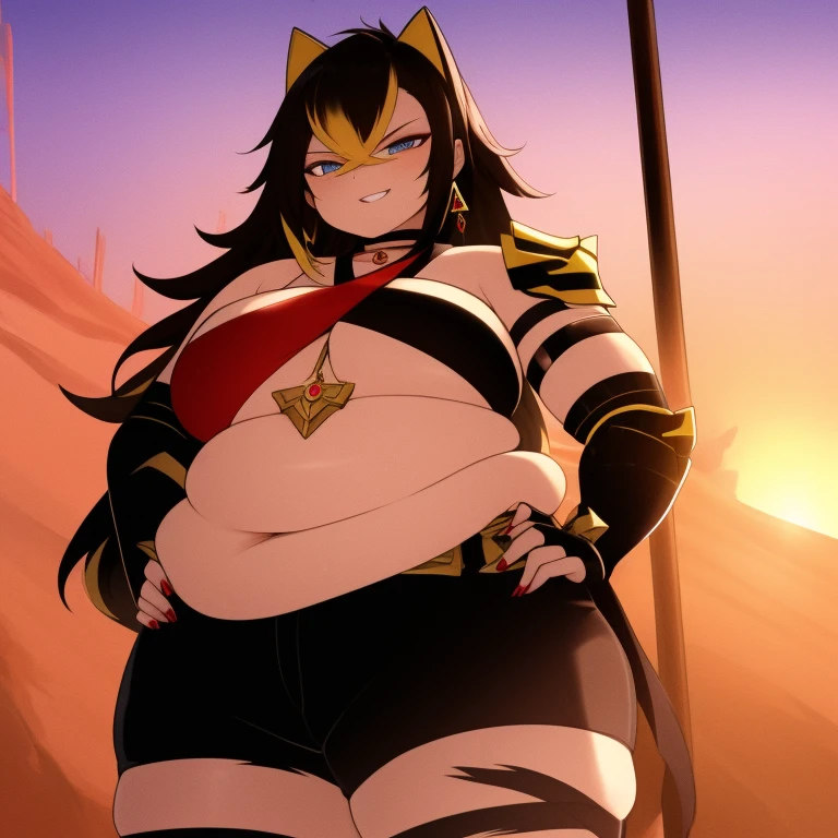 ((masterpiece)), (best quality:1.7), (detailed:1.4), (high res:1.4), 8k, (colorful:1.5), 2d, high resolution, sharped image, 4k, hd, obese dehya_genshin, obese 1girl, (((solo))), black hair, long hair, blue eyes, smile, obese middle body, big breasts, blonde bangs, cat ears, ((middle body)), black pants, shirt, ref navel, torn clothes, cowboy shot, (((jewelry))), black gloves, (((armor))), thick thighs, red collarbone, official custome, armor choker, desert, cleavage, parted lips, streaked hair, midriff, hair intakes, dark-skinned female, halterneck, armlet, black gloves, ((criss-cross halter)), torn clothes, belt, red nails, nail polish, (((armor armlet))), fingerless glove, two tones breasts, ((thighs)), angry, happy, close mouth, narrow eyes, eyeliner, ((looking at viewer)), red breasts, ((bare legs)), sunset, glove with claws, hands on own hips, (((shoulders armor))), bracelet armor, belt armor, (earrings), gold chain, ornaments, ((partial blonde hair)), happy