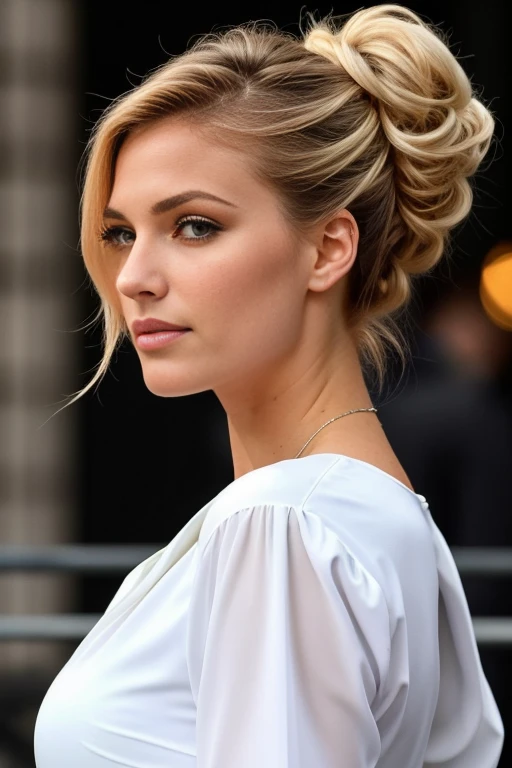 corps entier Photo hyperréaliste du corps d'une femme MyNataLee marchant en toute confiance devant l'appareil photo lors d'une séance photo glamour. Elle est accessoirisée d'une superbe robe en cuir ???? qui complète sa silhouette tout en courbes.. Son sein naturel est 1.1, ses hanches fines font 1.2, et ses belles mains sont évidentes. Le chignon blond de la femme de 22 ans, des yeux bleus saisissants et un visage impeccable captent l'attention du spectateur.