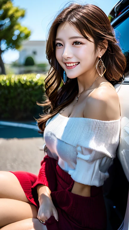 (1girl)、(High resolution)、(photorealistic:1.4)、 (shot from the side)、((highest quality)), Super detailed, , (reality, photos reality:of), 非常に詳細なかわいい女of子, 25 years old, (ponytail)、(Super detailed)、((8k))、(歯を見せるsmile)、(smile)、(sitting on the hood of a car)、(Side view:1.3)、(full body shot:1.3)、(コカ・コーラof女of子)、(big breasts big ass)、(looking at the viewer)、(Side view)、(tea bag bottom) , (motorsport race sitting on the hood of a car), (photorealityof:1,4)、
