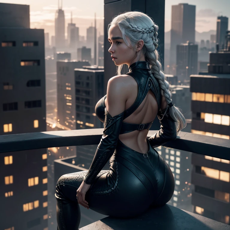 Futuristic Daenerys Targaryen model in a black bikini-style jumpsuit, viewed from behind, braided hair cascading, perched on a balcony, intricate cityscape below, sci-fi aircrafts in sky, balcony railing in scene, sharp focus on model, soft and flattering lighting with rim and key light accentuating hair braids, eyes reflecting city lights, digital painting, dramatic lighting, ultra-realistic.