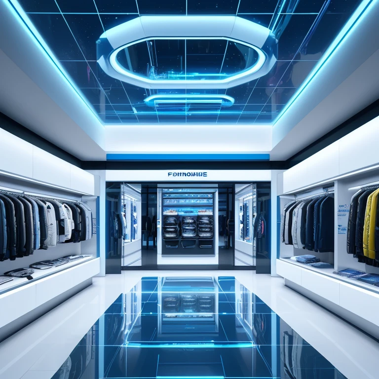 Very futuristic digital space area forgotten in a hyper commercial store of clothing and various furniture on sale, ultra hd bright lights , very HD image quality with blue bloodhound powder, a very aesthetic ceiling and the transparent glass floor revealing another shop, puis quelques client qui marchent dans la boutique
