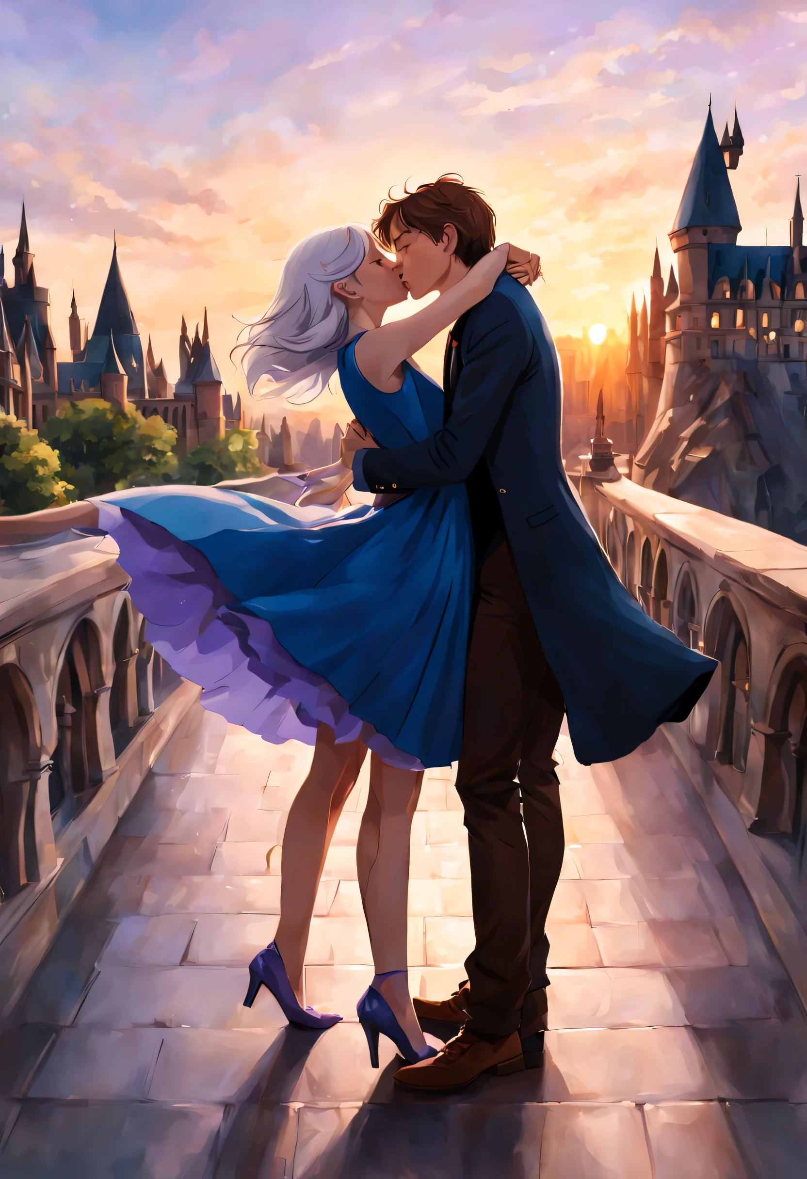 Eddie Redmayne as Newt Scamander with brown hair and freckles hugs a beautiful lady with white hair and lilac tips. Her hair reaches her shoulders and she is wearing a blue dress. They both look totally in love, about to kiss. It's a romantic scene at sunset on a Hogwarts terrace
