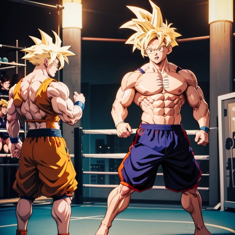 (Eine detaillierte Zeichnung von Son Goku, bodybuilding gym.), shirtless, huge muscle Body, Big Bizeps, Big shoulders, muscukar legs,abs, barefoot, mma, boxing