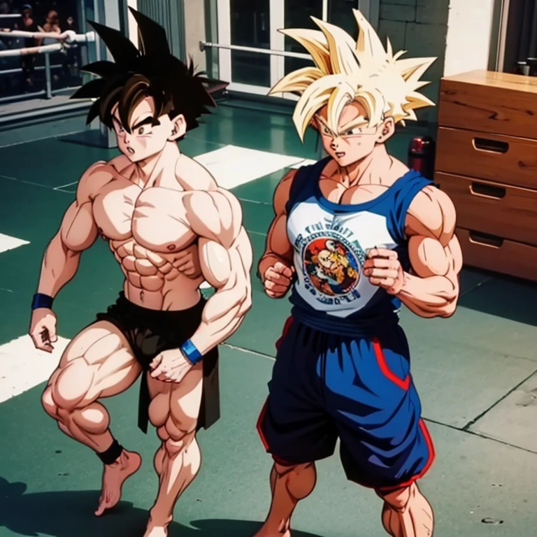 (Eine detaillierte Zeichnung von Son Goku, bodybuilding gym.), shirtless, huge muscle Body, Big Bizeps, Big shoulders, muscukar legs,abs, barefoot, mma, boxing