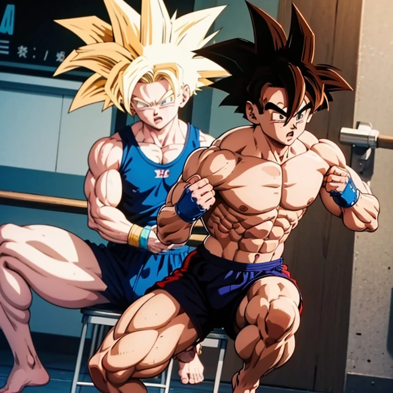 (Eine detaillierte Zeichnung von Son Goku, bodybuilding gym.), shirtless, huge muscle Body, Big Bizeps, Big shoulders, muscukar legs,abs, barefoot, mma, boxing