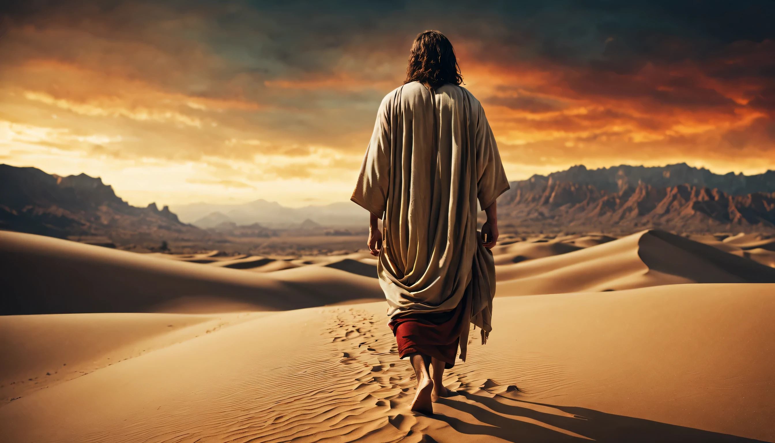 Jesus Christ walking in desert, centered, dramatic, Very detailed, dramatic lighting, digital art trending on Artstation 8k HD high definition detailed realistic, circunstanciado, textura da pele, hiper detalhado, Ultra High Resolution Realistic Skin Texture, (fotorrealista:1.4), high resolution, circunstanciado, Foto RAW, sharp re, by Lee Jeffries Nikon D850 film Stock Photography 4 Kodak Portra 400 camera F1.6 lens rich colors hyper realistic lifelike texture dramatic lighting unrealengine trending on artstation cinestill 800