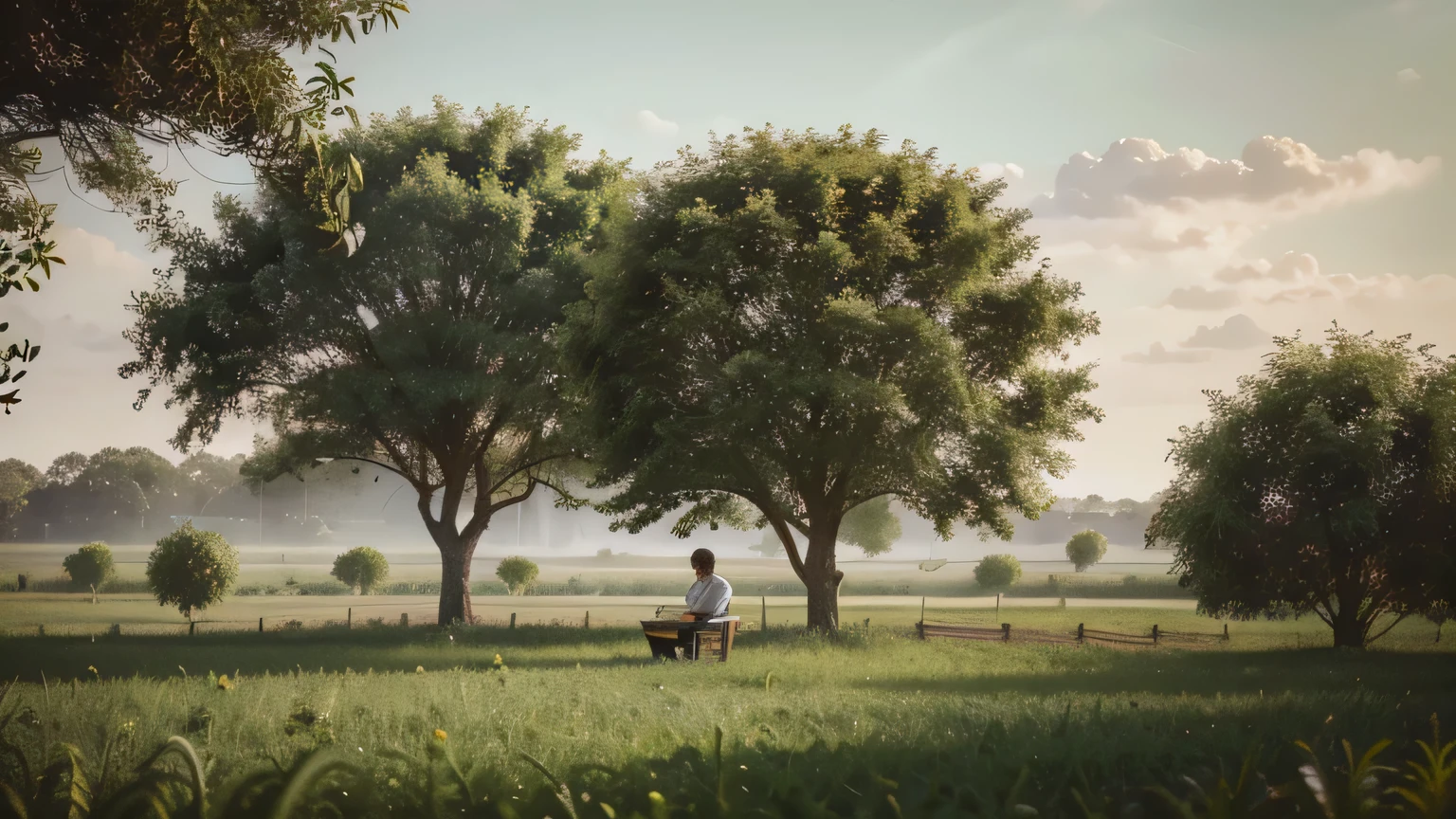 A imagem destaca Caim, um jovem agricultor, immersed in his work on the vast plantations. The setting is an oasis of simplicity and serenity, with fruit trees spread across the horizon, oferecendo um toque de frescor e prosperidade. Imagem 4K