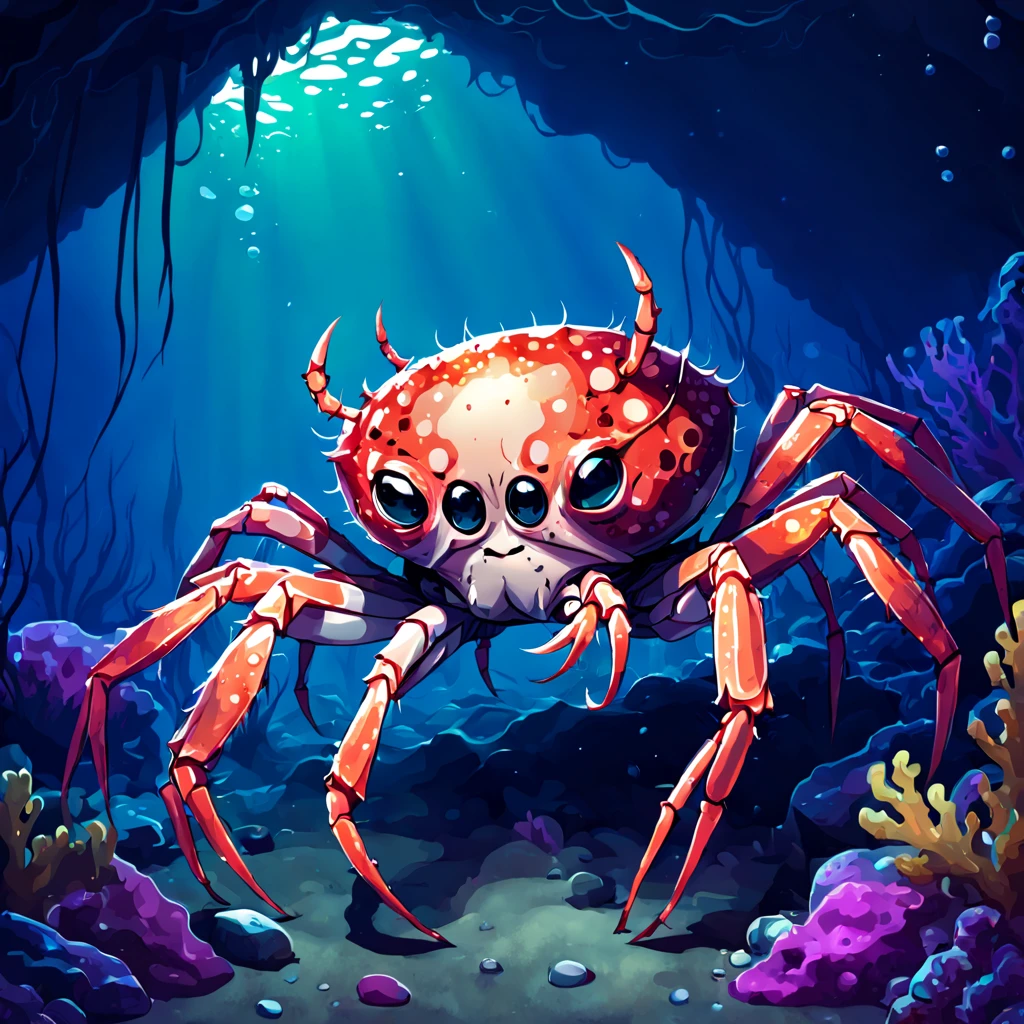 Spider Crab in the depths, in kawaii art style