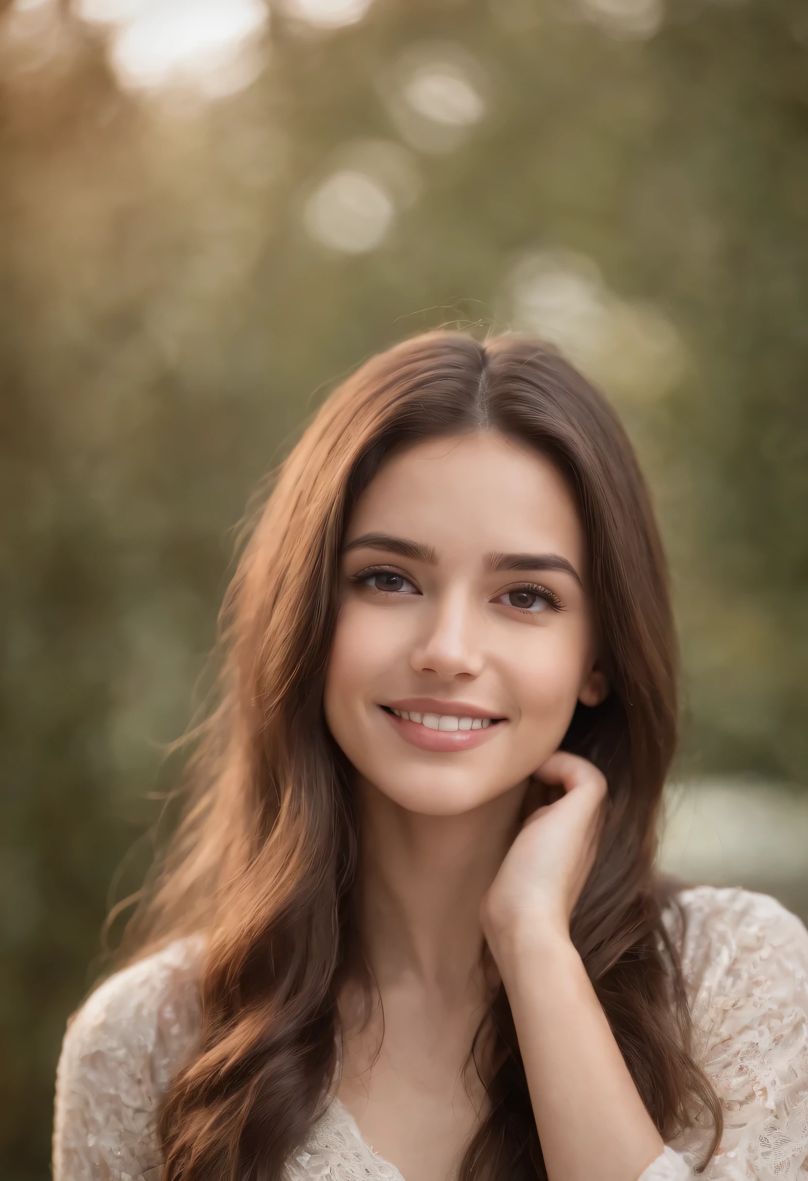 1girl, brunette, brown eyes, long hair, smiling,