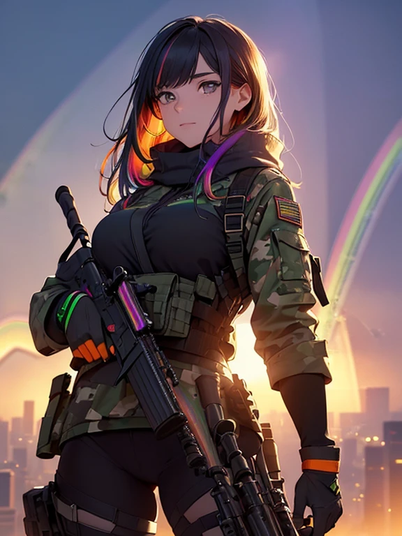 Elite sniper targeting victims, on top of the building, Lying (((Use of long range rifle))), laser sight, Camouflage, holster, lots of ammunition, big ass, Thick thighs highly detailed 16K CG unit wallpaper}, vast landscape photography, (Low perspective focusing on characters and setting), (wide open field view), (low angle shot), (highlight: 1.5), (weak light: 1.4), (warm light source: 1.8), intricate details, (rainbow colors: 1.5), (bright lighting), (atmosphere lighting), dream-like, beautiful, action