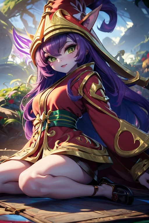 ((masterpiece)), melhor qualidade, Ultra high resolution, (fotorrealista: 1.4), (obra-prima, melhor qualidade,(1 menina), ((Lulu)) \(League of Legends\) kimono vermelho com detalhes douradis, joias, illustration, gargantilha, estrela \(simbol\), uma borboleta roxa, olhos verdes, olhos brilhantes, cabelo roxo, cabelo roxo, cabelos longos, brincos, kimono vermelho, vestido vermelho e dourado, joias de outo, Red and gold witch hat, paisagem, noite, magia, elegante, gueixa, olhar gentil, templo, floresta, ahegao, feets, pele lilas, olhos verdes, olhos detalhados, outono, folhas de outono, ((borboleta roxa))