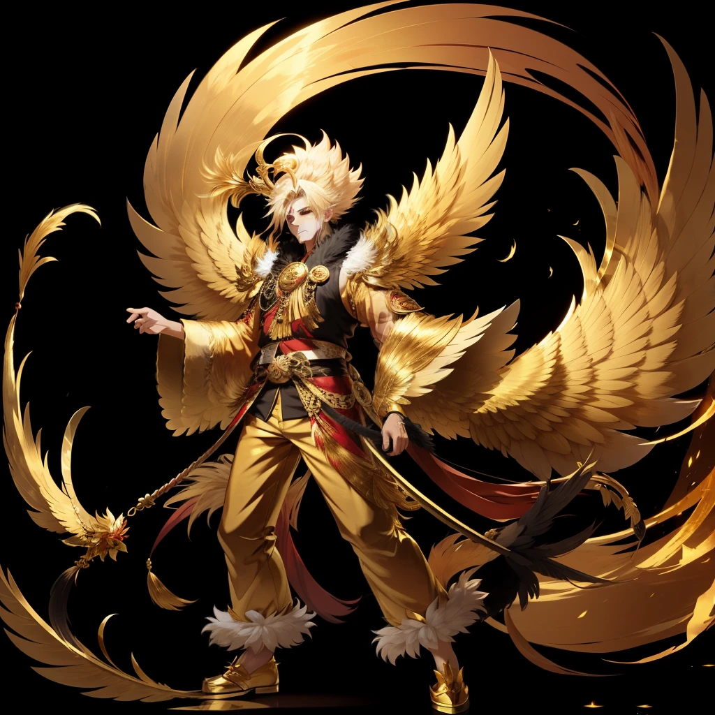 Tengu, (monster boy), gold fluffy feathers, no wings, each arm has a fluffy gold feathers, head with eyes, gold crested mane-hair, gold fan tail, black elegant pants, gold fur to, short body