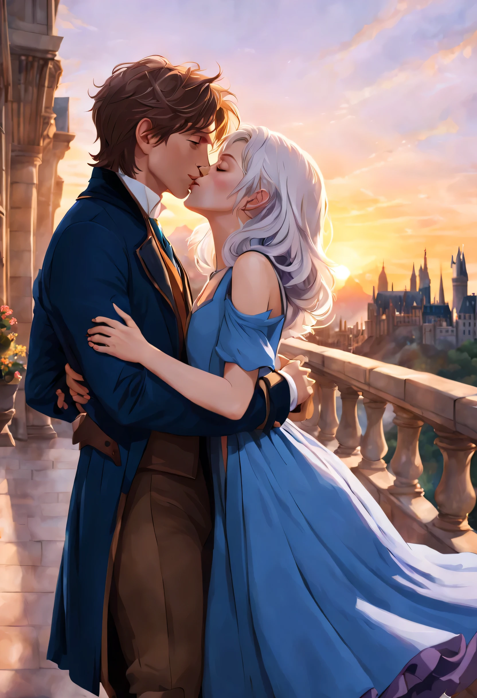 Eddie Redmayne as Newt Scamander with brown hair and freckles hugs a beautiful lady with white hair and lilac tips. Her hair reaches her shoulders and she is wearing a blue dress. They both look totally in love, about to kiss. It's a romantic scene at sunset on a Hogwarts terrace