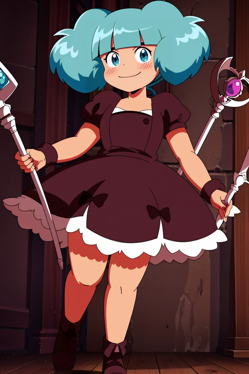 Rosemary, cheveux roses, loli avec grosse poitrine,smile, staff,full body