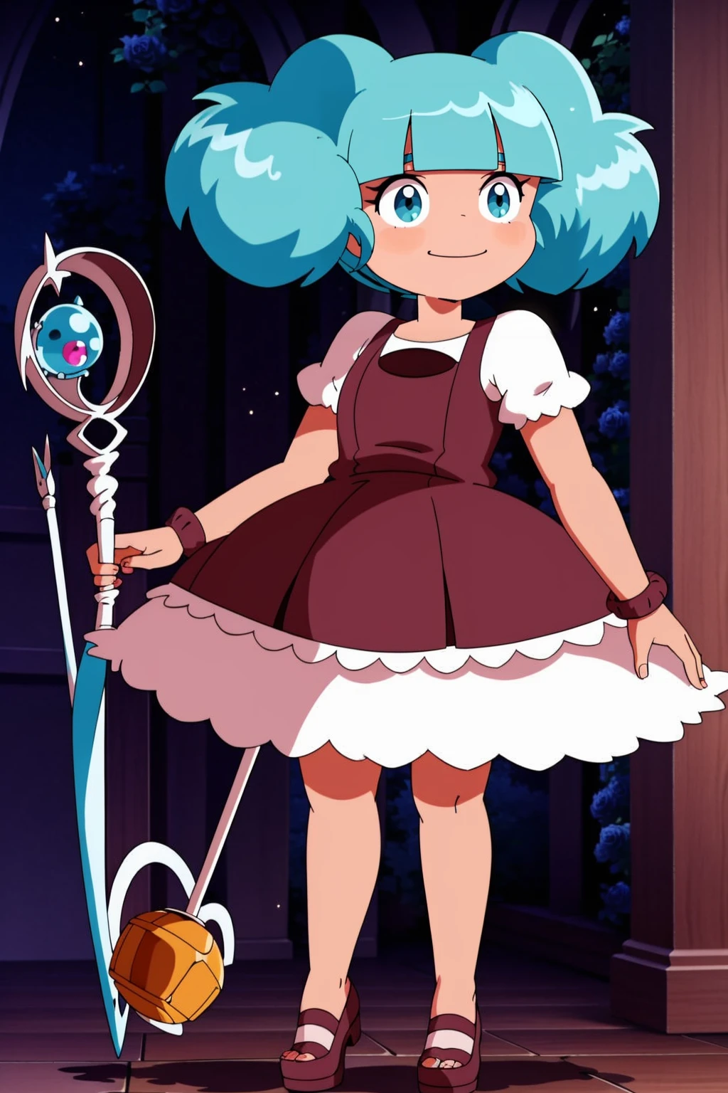 Rosemary, cheveux roses, loli avec grosse poitrine,smile, staff,full body