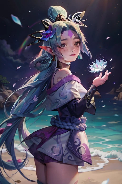 (obra de arte, melhor qualidade:1.2), detalhes intrincados, Soraka Flower Spirit, 1 garota, pele roxa, pele colorida, single horn, quimono, enfeite de cabelo, Ombros nus, cabelo longo, sorriso