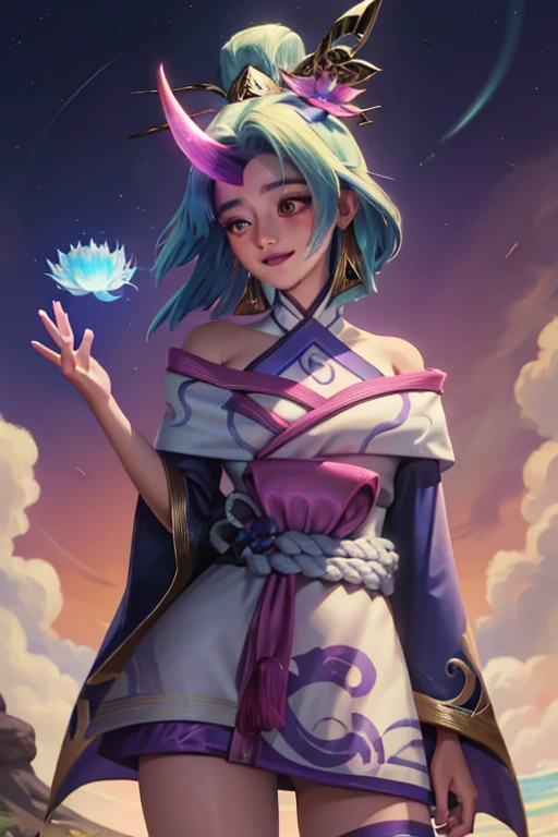 (obra de arte, melhor qualidade:1.2), detalhes intrincados, Soraka Flower Spirit, 1 garota, pele roxa, pele colorida, single horn, quimono, enfeite de cabelo, Ombros nus, cabelo longo, sorriso