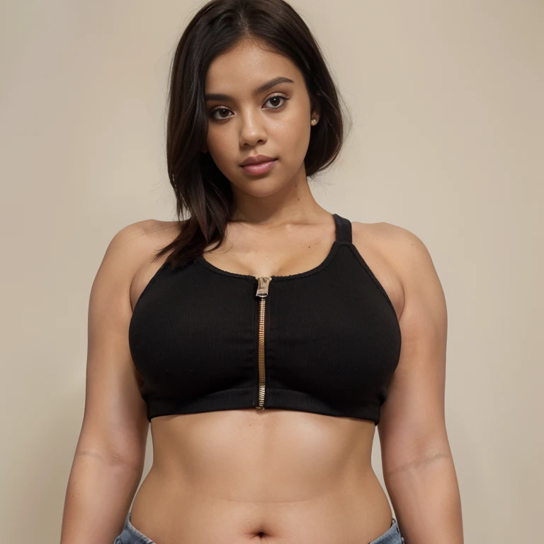 girl, small bust, cinnamon complexion, straight black hair, Crop Tops with Zipper Details, rectangular body, wide shoulders, round face, thick lips, long lips, fat belly, round belly, Daily life,