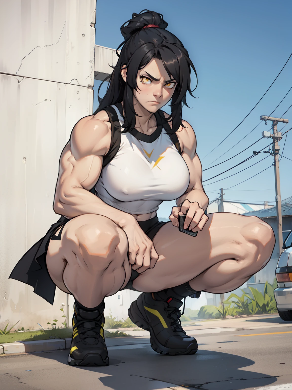 sad frown muscular girl muscular girl black hair yellow eyes pale skin breasts full body squatting