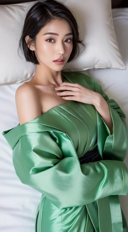 (best quality, 8K, At 32K, muste piece, ticker:1.Hotou of glamorous Japanese women, 1 girl, (Slender body shape, perfect body :1.2), medium short hair: 1.1, (Indian Earl, night time :1.2), Lying naked on the bed wearing a kimono, Super-detailed face, detailed lip, detailed eyes, double eyelid