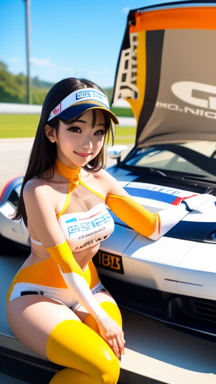 the Extremely Detailed CG Unity 8k Wallpapers, highest quality, super detailed, muste piece, reality, photos reality的な, Highly detailed cute girl, 25 years old, (reality的な)、(super detailed)、((8k))、(歯を見せるsmile)、(smile)、
(She is wearing a grid girl costume with the sponsor&#39;s logo printed on it.:1.3), ( halter neck) , (sitting in a motorsport race), (photoreality的な:1,4)、(Side view)、(looking at the viewer)、(sitting on the hood of a car)、