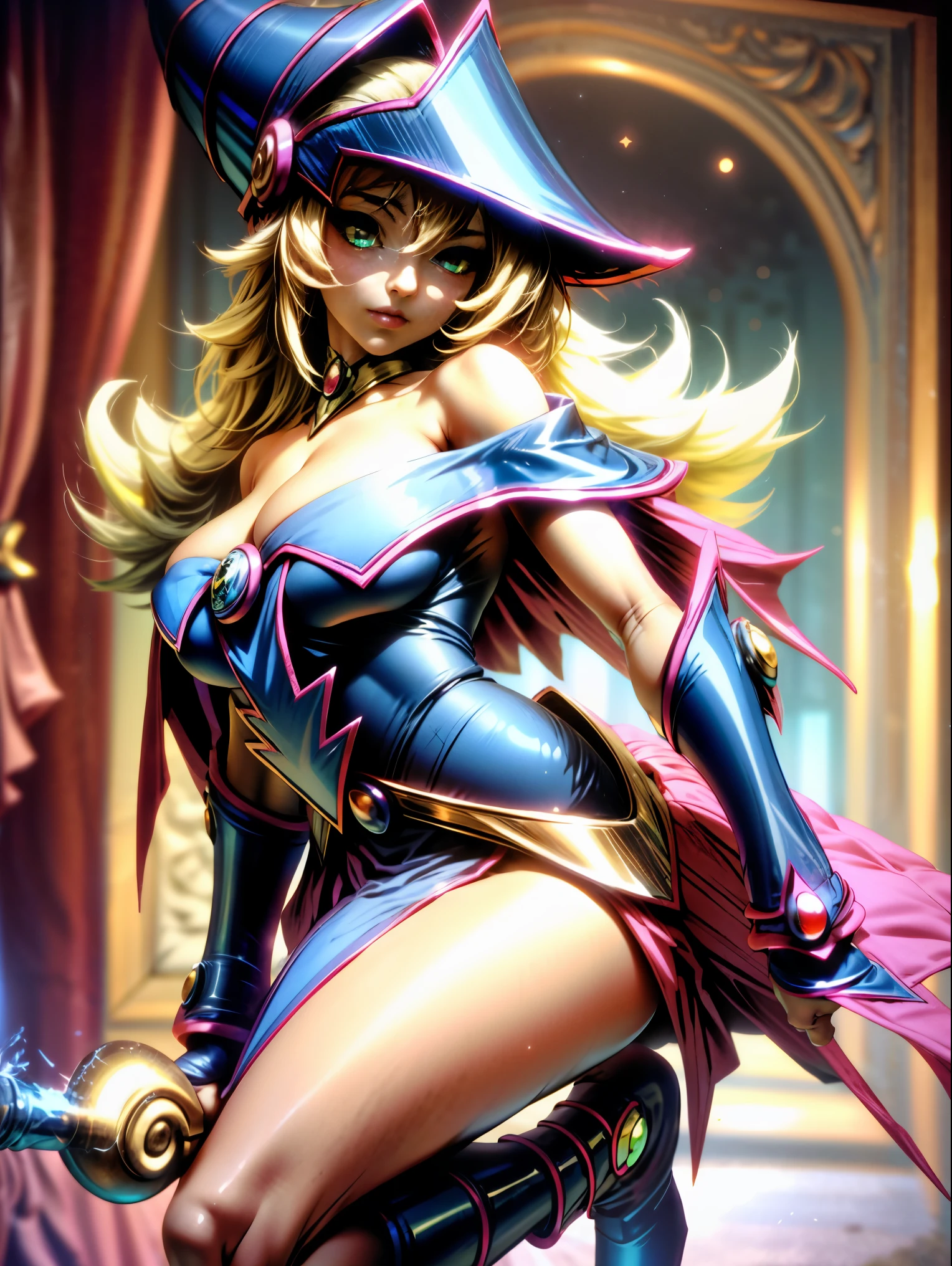 1girl, solamente,Lindo, , sentado sobre el agua, HMDMG1, Sombrero de mago, escote, hombros desnudos, vestido, fuera del hombro, magica, Mistro, particuls, corazones, amar,Molienda, Detalles altos, Arte digital, Obra maestra,,Lindo,hermosos ojos, Magia