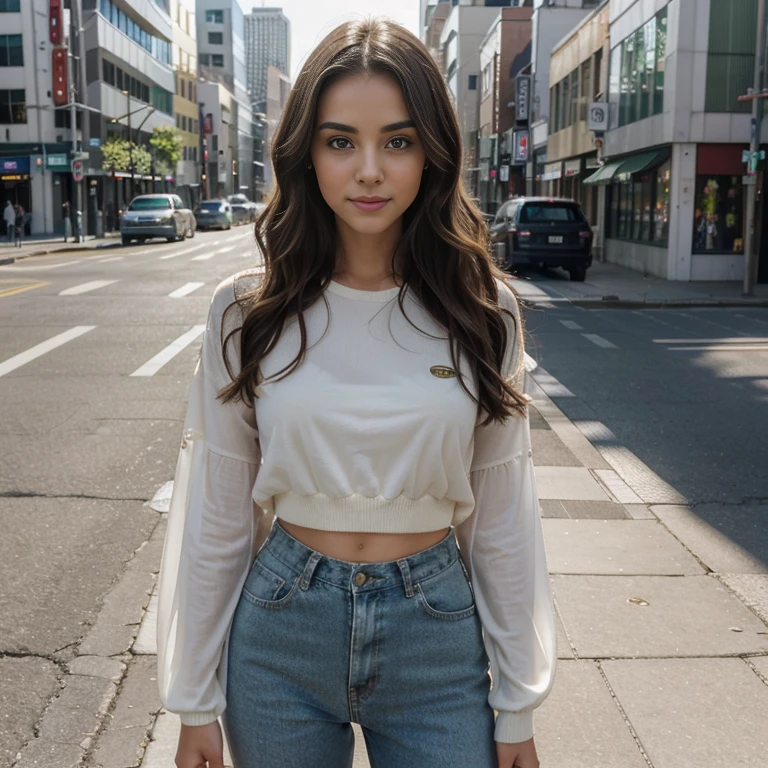 ((full body shot)), (best quality,ultra-detailed,photorealistic), young woman, 23 years old, Captivating green eyes with a spark, detailed lips, Genuine and inviting smile with a subtle dimple, Softly defined cheekbones, sophisticated, Dark and lustrous hair in loose waves framing her face, inviting charm, stylish outfit, (wearing japanese streetwear), city background, natural sunlight, serene atmosphere, soft lighting, vibrant colors,