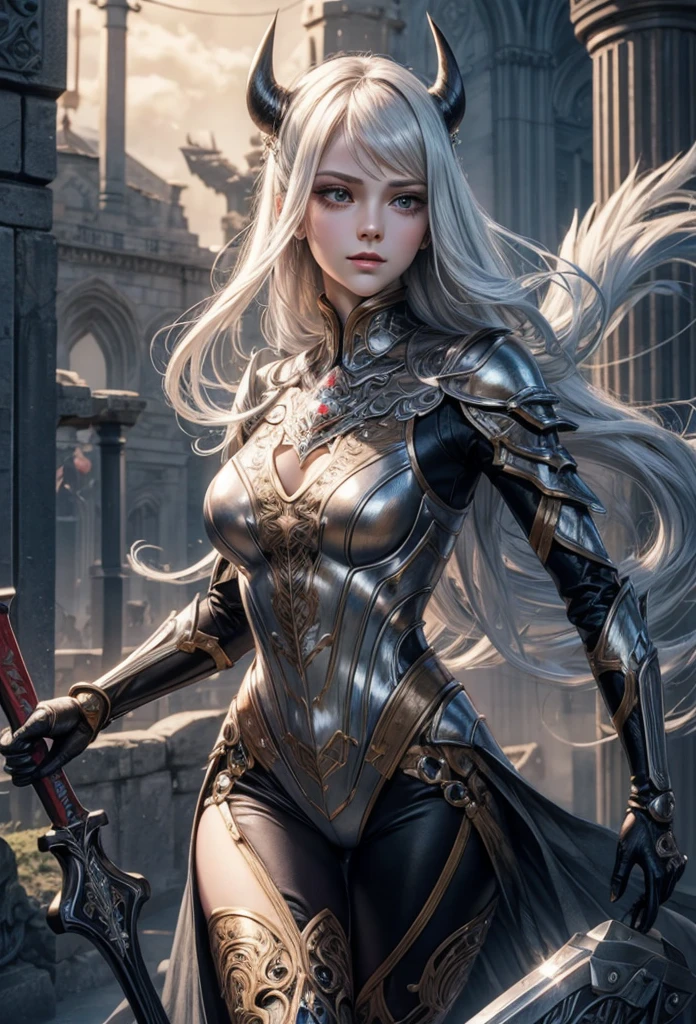 (Detailed illustrations,Very detailed and detailed drawing,Delicate lines with slow and rapid,Realistic texture expression),[Color tressed main line],(Fantasy World Battlefield Background [Burning castle]),(GIRL ROBOT 15yo (White Devil [METALFACE] (SKINNY)) [WEAPON MACHINE][milky],[BODY with EDGE [Transparent material]],[use an ax as a weapon],[[Mobile Weapon Gigant Size][Science Fiction Mechanical]],(Pearl luster on the body surface),(Intricate and beautiful decoration [Dense detail]),(Precisely drawn face)[Perfect eye details(Iris beautifully drawn in every detail)[eyes like jewels]],[long and beautiful eyelashes],[Meticulously drawn hair [More on beautiful and shiny hair]],(Perfect hand details [Beautiful fingers without breakdowns [Beautiful nails]]),(Perfect Anatomy(Perfectly proportioned))[[full body portrait]],[Ideal color coordination(Accurate simulation of light-material interactions)],[Visual art that conveys a sense of narrative].