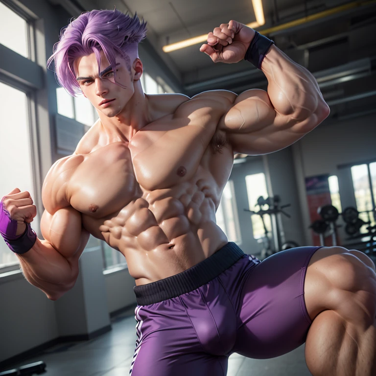 (Eine detaillierte Zeichnung von Teen Trunks, purple hair , bodybuilding gym.), shirtless, huge muscle Body, Big Bizeps, Big shoulders, muscukar legs,abs, barefoot, mma, boxing,shirtless, Most muscular Body, Big muscle hunk 