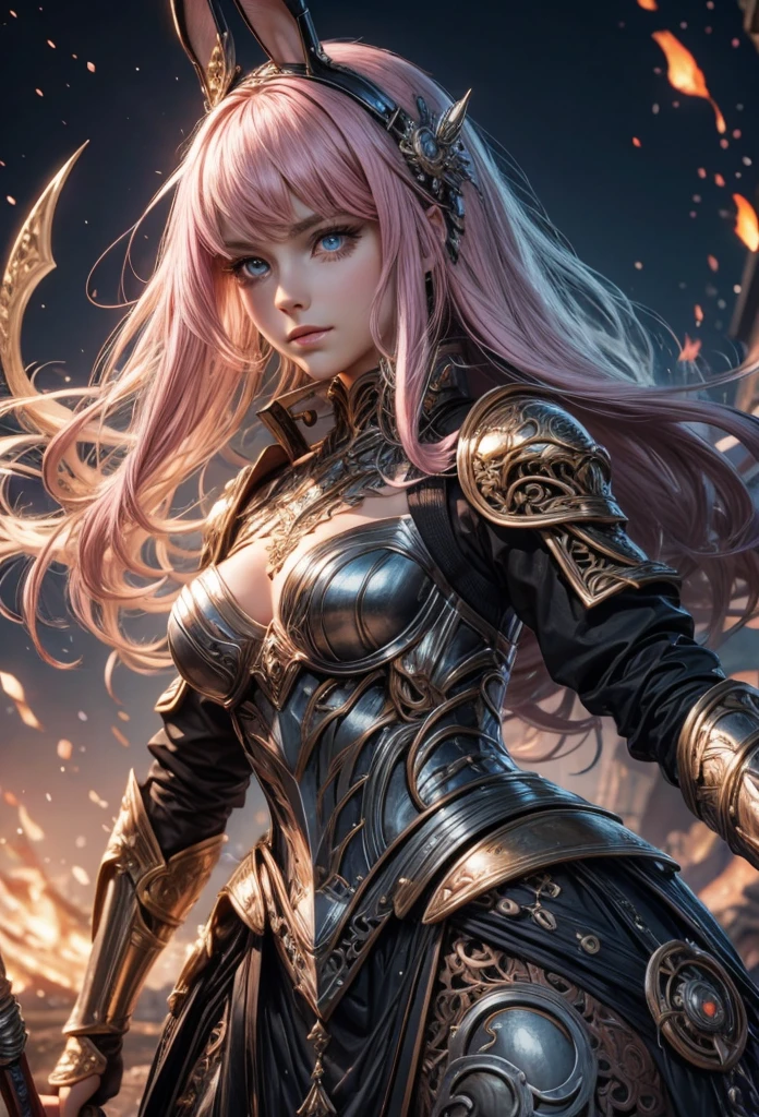 (Detailed illustrations,Very detailed and detailed drawing,Delicate lines with slow and rapid,Realistic texture expression),[Color tressed main line],(Battlefield of Fantasy World [Burning castle]),(GIRL ROBOT 12yo (Pink rabbit [METALFACE])) [WEAPON MACHINE],(([petal] Metal Dress [frills]) [Floral pattern] [Clear pink translucent armor covering the body surface]) [ribbon]) [Energy tube glowing at the joint],[use a sledgehammer as a weapon],[[Mobile Weapon Gigant Size][Science Fiction Mechanical]],(Metallic luster at metal),(Intricate and beautiful decoration [Dense detail]),(Precisely drawn face)[Perfect eye details(Iris beautifully drawn in every detail)[eyes like jewels]],[long and beautiful eyelashes],[Meticulously drawn hair [More on beautiful and shiny hair]],(Perfect hand details [Beautiful fingers without breakdowns [Beautiful nails]]),(Perfect Anatomy(Perfectly proportioned))[[full body portrait]],[Ideal color coordination(Accurate simulation of light-material interactions)],[Visual art that conveys a sense of narrative].