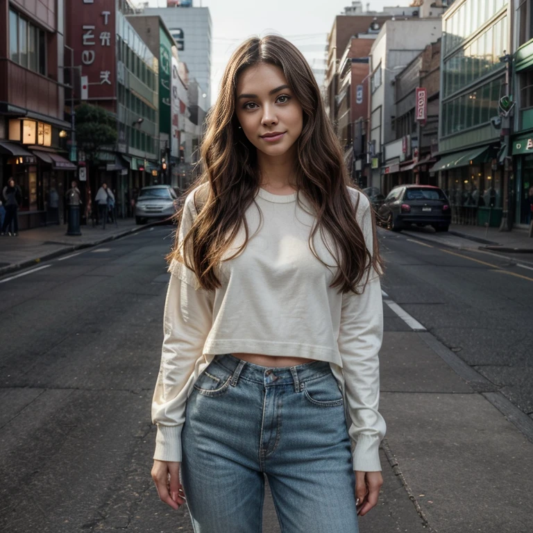((full body shot)), (best quality,ultra-detailed,photorealistic), young woman, 23 years old, Captivating green eyes with a spark, detailed lips, Genuine and inviting smile with a subtle dimple, Softly defined cheekbones, sophisticated, Dark and lustrous hair in loose waves framing her face, inviting charm, (wearing japanese streetwear), city background, natural sunlight, serene atmosphere, soft lighting, vibrant colors,