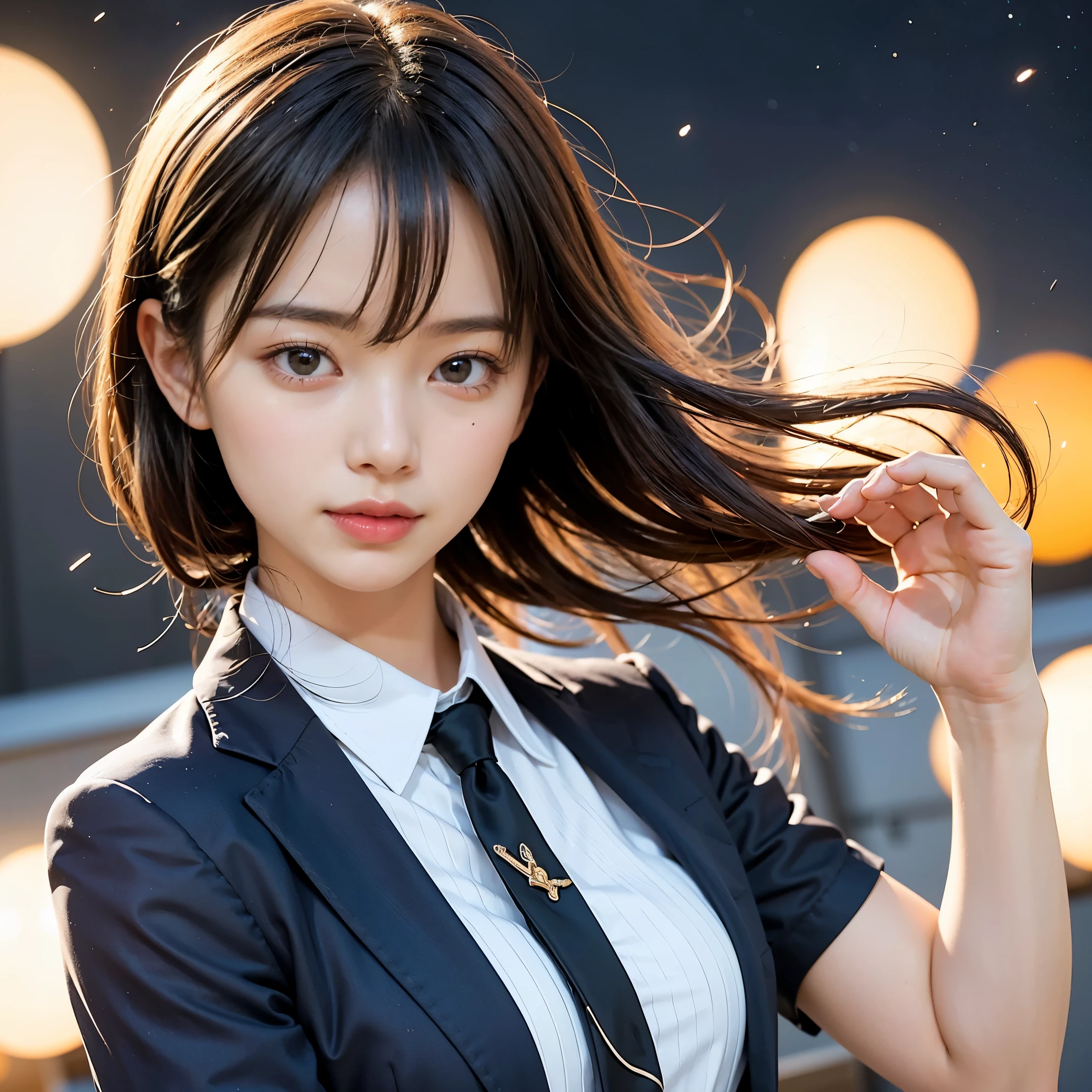 (muste piece, best quality:1.2), 8K, official art, Surprised expression、chest、cute、put one's hand over one's mouth、Wearing a suit、Gesture of removing tie、chestが見える、Rough image of a girl in uniform holding a globe, official artwork, portrait anime space cadet girl, with earth, girl in space, Space High School, space girl, planet, Trending at CGSTATION, 太陽系外planet, official art, Mar Planet, beautiful anime high school girl, Sakimi-chan, planetの隣に浮かぶ, in intergalactic japan、Five Fingers Photos&#39;body of, Full body Esbian、Suit Beauty、Big Dipper in the background、star explosion、black hairの美しい裸足の女性, hold a flame in your right hand、tie a tie with your right hand、turn one&#39;s face up、look down、cool look、明るい溶岩の光が小planet帯の下から壊れた地球の上に昇る(Jagged rock rocks and fragments shot into the air:1.3) (Storm of windy dust debris:1.1) Volume fogmist by trace Z、It can allow bright light from below to pass through、 (masterpiece) (highest quality) (detailed) (8K) (movie lighting) (sharp focus) (complicated)black hair、14 years old、small breasts、fun、A sloppy smile、incredibly stupid, (beautiful girl, Pretty face, arching back down, Gold hair ornament on hair、wearing a suit、close up of breasts, Wearing a suit, short sleeve, Gardenia, Violacea, space , Looking at Viewer, film grain, chromatic aberration, オッパイsharp focus, face light, dynamic lighting, cinematic lighting, detailedな目と顔, (Gray tie、One:1.2)