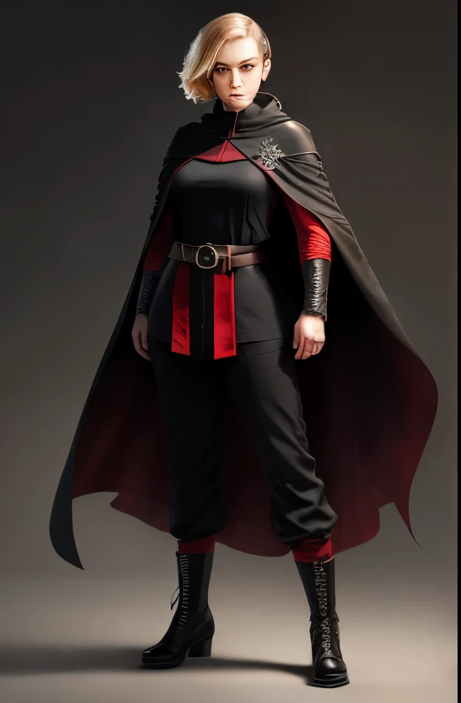 Full body image portrait of an brawler woman, dress like a nun with a black robe and balck and blood red cape, dress with black tall pants and ankle boots, dress with red blood handwaps on her arms, she has very very very very short blonde hair shaved from one side, her face is partially burned, she has no armor, she has a reverse pentacle on her neck, she has brown belt, she is in an attack position, aggressive and determined cold sight looking at viewer, full body portrait, fantasy illustration, 4k, rpg character, medieval style, dark church ambient
