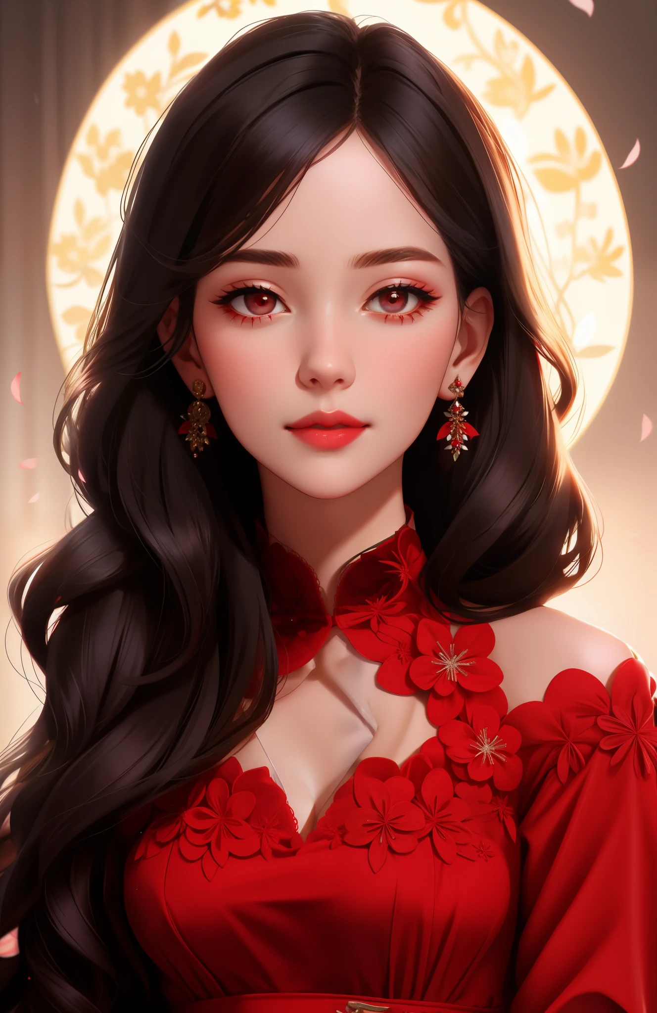 decollete dress, white dress with red flowers, show shoulder, beautiful skin,