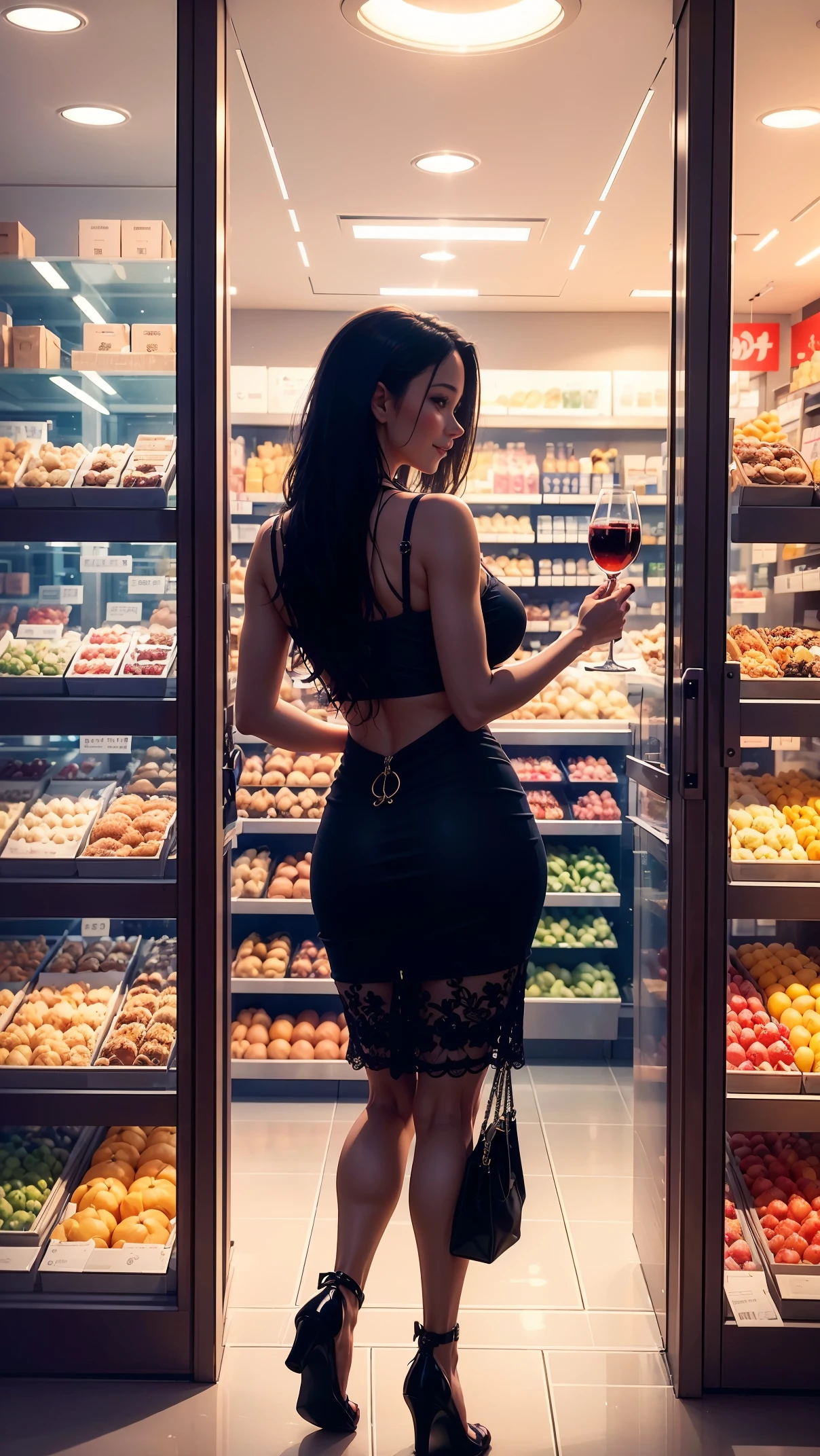 (best quality,ultra-detailed,realistic),glass door,food store,beautiful girl leaning her sexy back on the transparent glass,shopping,modern interior design,healthy food,organized shelves,colorful fruits and vegetables,soft lighting,window display,reflection,pristine cleanliness,crisp air conditioning,inviting atmosphere,shopping bags,positive energy,stylish clothing,fresh produce,enticing aromas,trendy beverages,chilled drinks,interacting with customers,busy cashier,friendly staff,smiling faces,convenience,comfortable temperature,delicious pastries,tempting desserts,artisan bread,attractive packaging,displayed prices,unique products,popular brand items,nutritional value,hygiene standards,pleasing aesthetics,indoor plants,vibrant floral arrangements,elegant wine selection,classic music,stimulating sensory experience