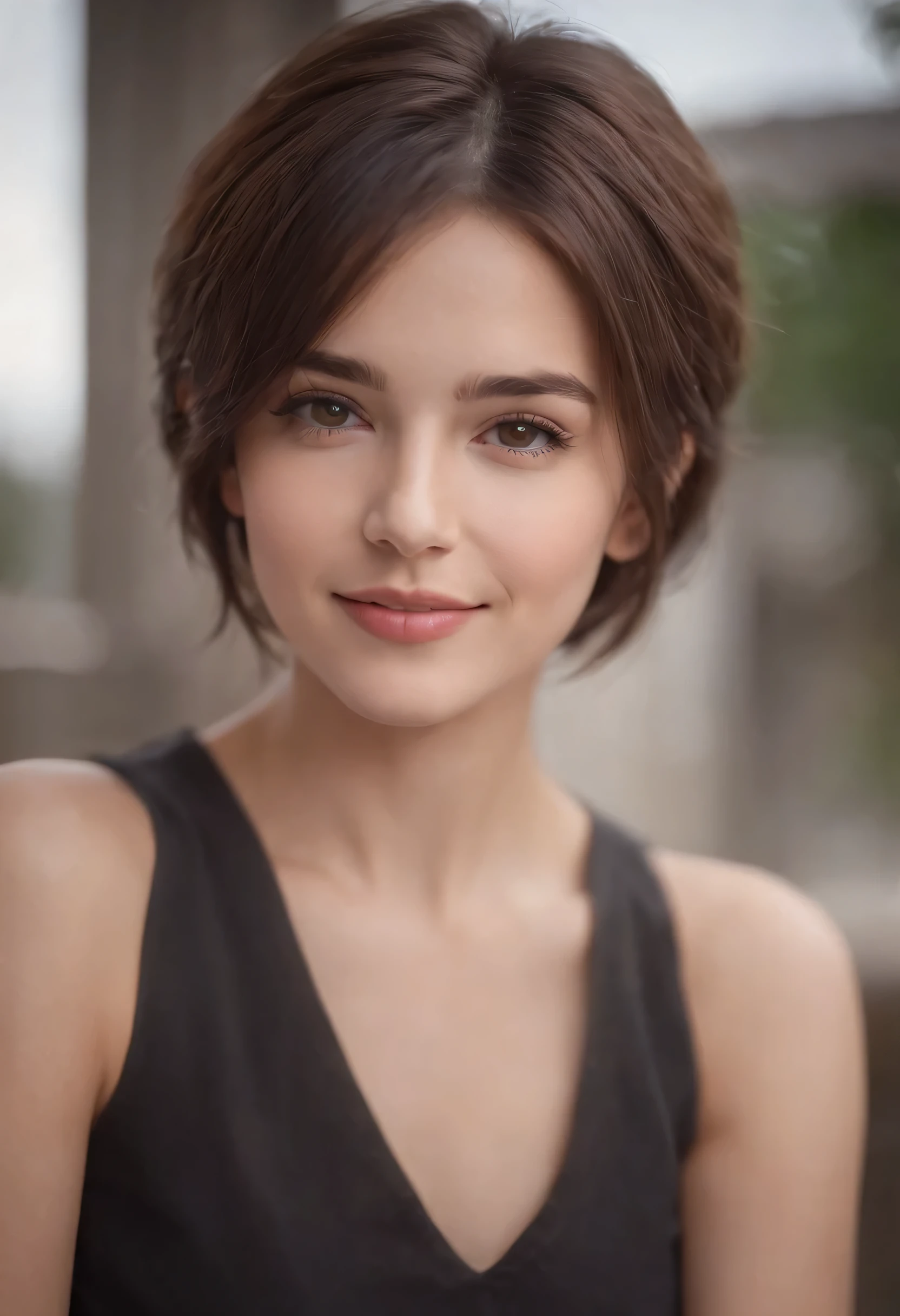 1girl, brunette, brown eyes, short hair, smiling,