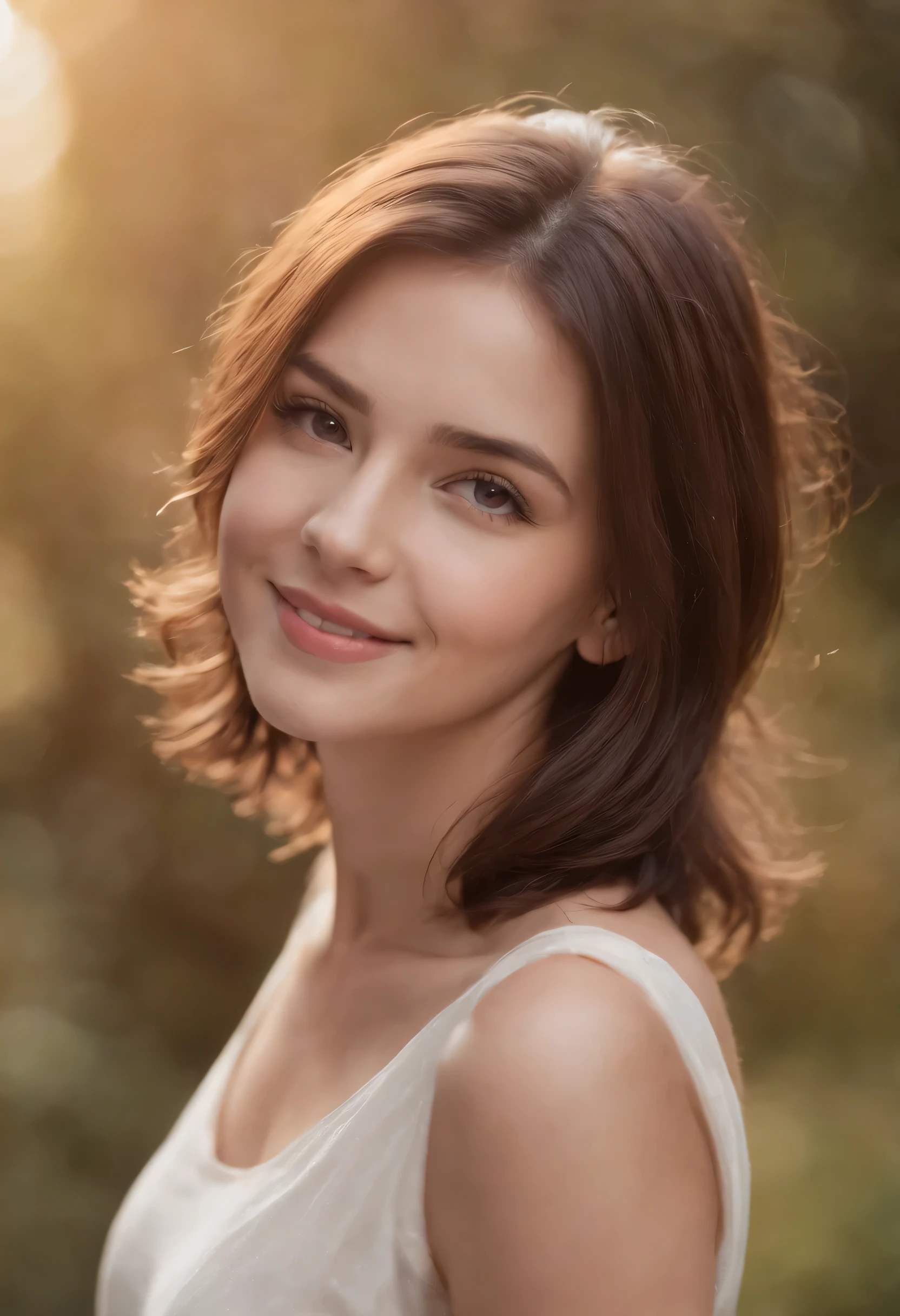 1girl, brunette, brown eyes, short hair, smiling,