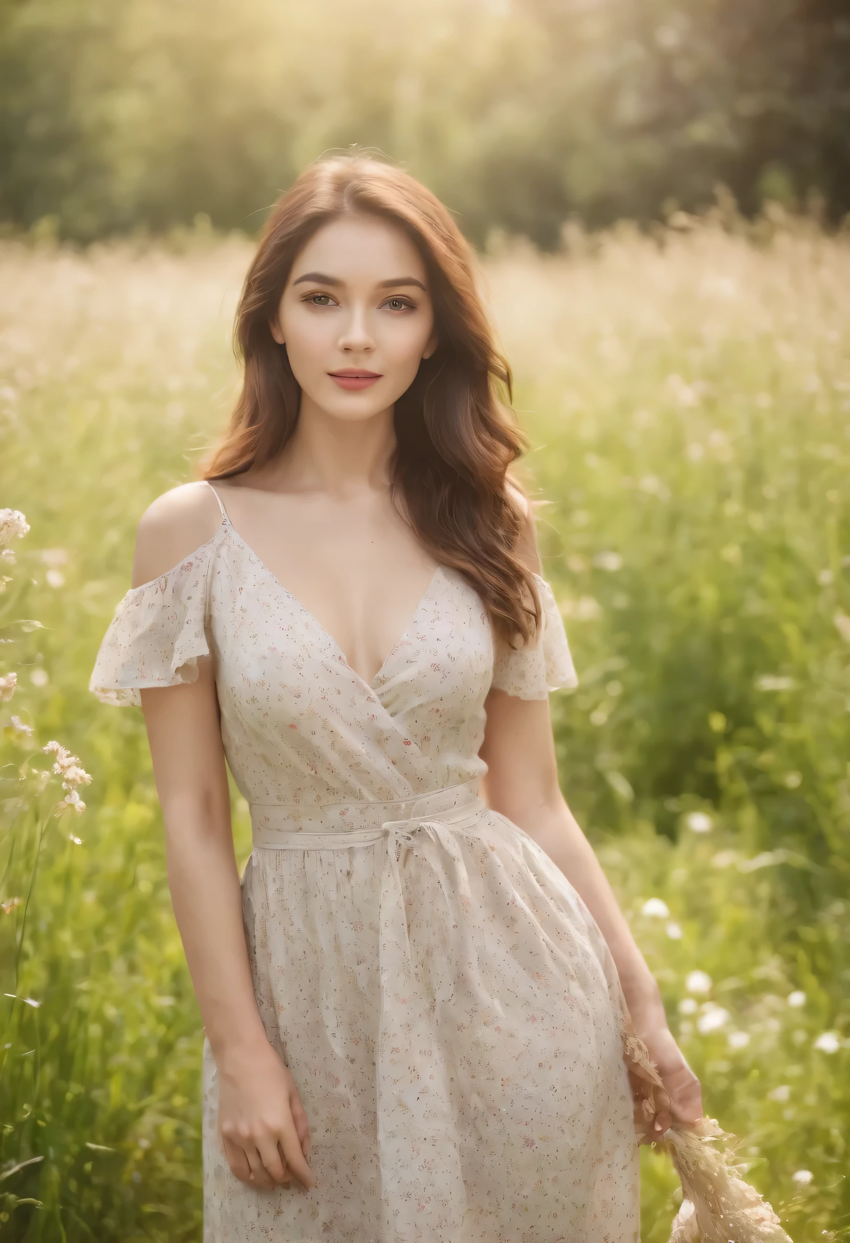 (best quality,highres), vibrant colors, outdoor, sunny day, garden, blooming flowers, green grass, summer dress, relaxed posture, natural light, cheerful expression, youthful appearance