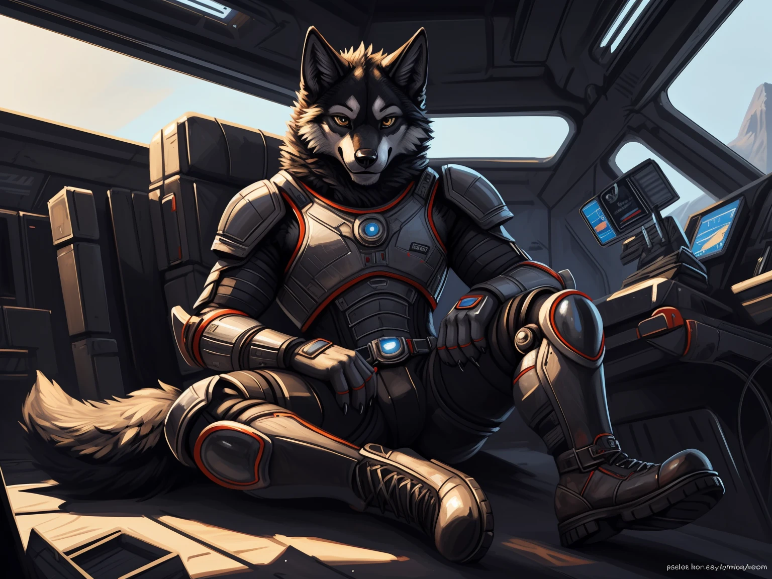 (by chunie, by mystikfox61, by darkgem), solo, male, muscular, buff, biceps, smirking, wolf o'donnell, Spaceship bridge, plants, dramatic lighting, sweat, working, bodysuit, big bulge,