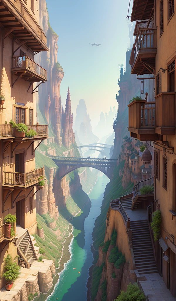 ((masterpiece)),((best quality)),((high detial)),((realistic,))
Industrial age city, deep canyons in the middle, architectural streets, bazaars, Bridges, rainy days, steampunk, European architecture