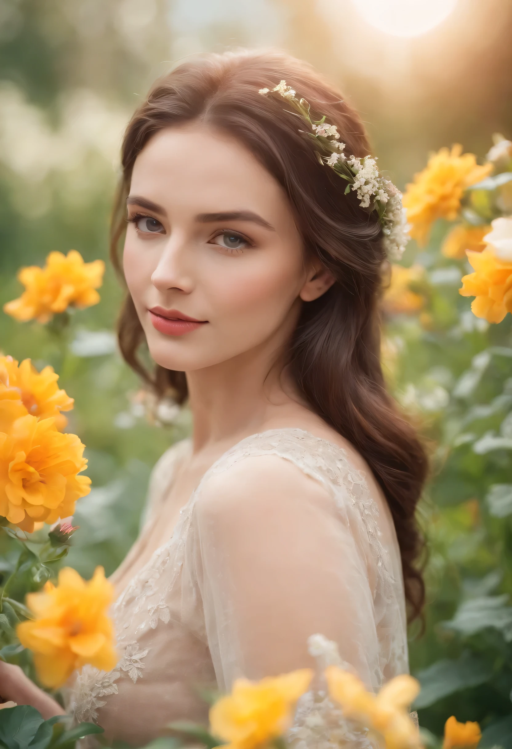 (best quality,ultra-detailed), vivid colors, portrait, garden, flowers, sunlight, soft background scenery