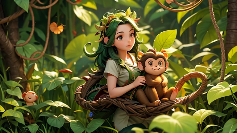  *Jungle Departure:* monkey Mimi leaving the jungle, animated leaves and vines symbolizing her departure from contentment and the mother's guidance.
