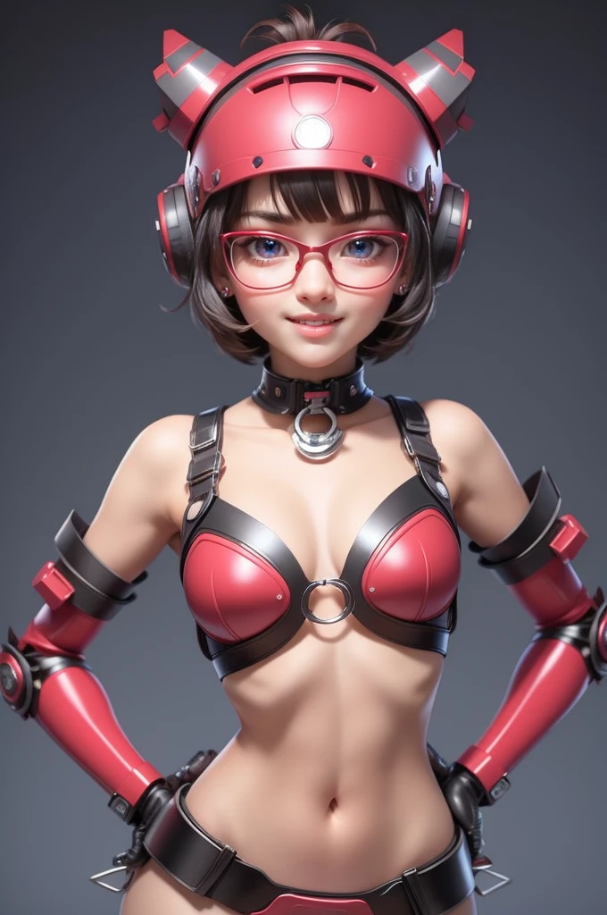 1 cute girl (18yo) glasses, upper body, slim waist, small natural breast, sexy pose, naugthy face, bangs, random hairstyle, cleavage, navel, collar, collarbone, off shoulder, seductive smile, wear intricately detail hot and sexy outfit, robotic costume, wear unique helmet, red color, upper body. flat gray color for background