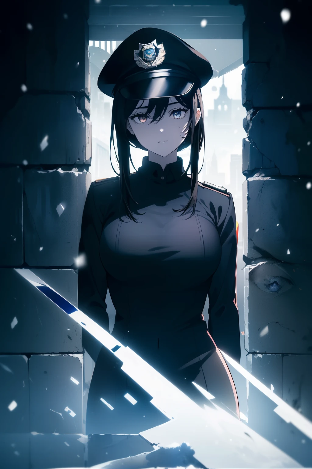 ((Obra maestra, La mejor calidad, ultrahigh resolution)), 1girl, standing, confidant stance, (((((police officer, wearing blue police uniform, police unifrom)))), (((wearing beat cop hat))), (black, black beat cop hat), (((black hair, dark black hair))), long hair cut, pale skin, ((brown eyes)), glowing_eyes, neon eyes, (ultra detailed eyes:0.7, beautiful and detailed face, detailed eyes:0.9), ((centered)), smile, ((wide shot)), facing viewer, eye level, ((vibrant background, snowy landscape, cityscape, snowing, snow)), flat chested, looking at viewer, ((half closed eyes)), ((perfect hands)), ((head:1, armored arms, hips, elbows, in view:1)), (((hands behind back))), empty eyes, beautiful lighting, outside, outdoors, background, defined subject, (25 years old), (head tilt), (((epic))), (((cool))), ((shaded face))