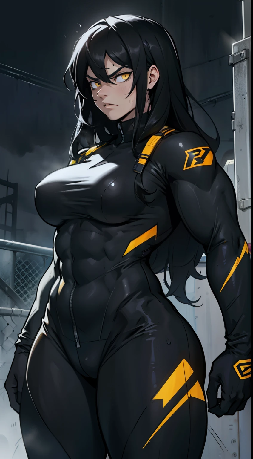 ((((1 girl, muscular)))), (thick thighs, breasts, very long hair, best quality), black hair, yellow eyes, solo, sweaty, angry, (skinsuit), (dark atmosphere), pale skin