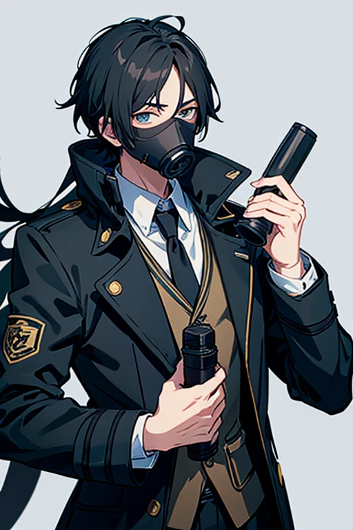 Male anime guy with a gas mask covering half of his face and trench coat