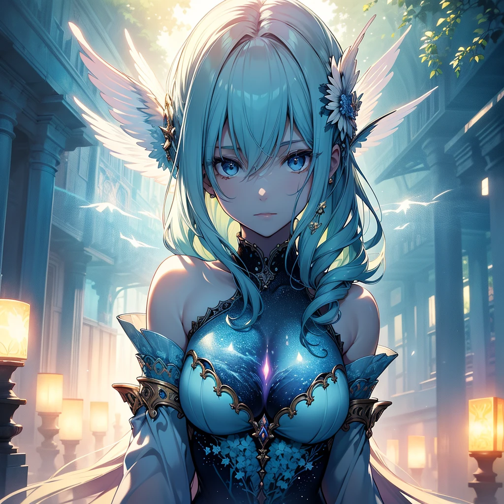 masterpiece, best quality, 1woman, adult, female focus, solo, bluish white hair, long hair, eye covering bangs, one eye covered by hair, vibrant blue eyes, looking at viewer, closed mouth, Fantasy aesthetics, Highly detailed, shadowverse style, fairy dress outfit, thick thigh, earring, human ear, fairy wings